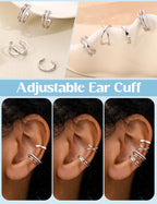 JeryWe 4 Pcs 925 Sterling Silver Ear Cuff for Women Non Piercing Adjustable Ear Cuff Earrings Clip On Cartilage Helix Wrap Ear Jewelry Set Sliver