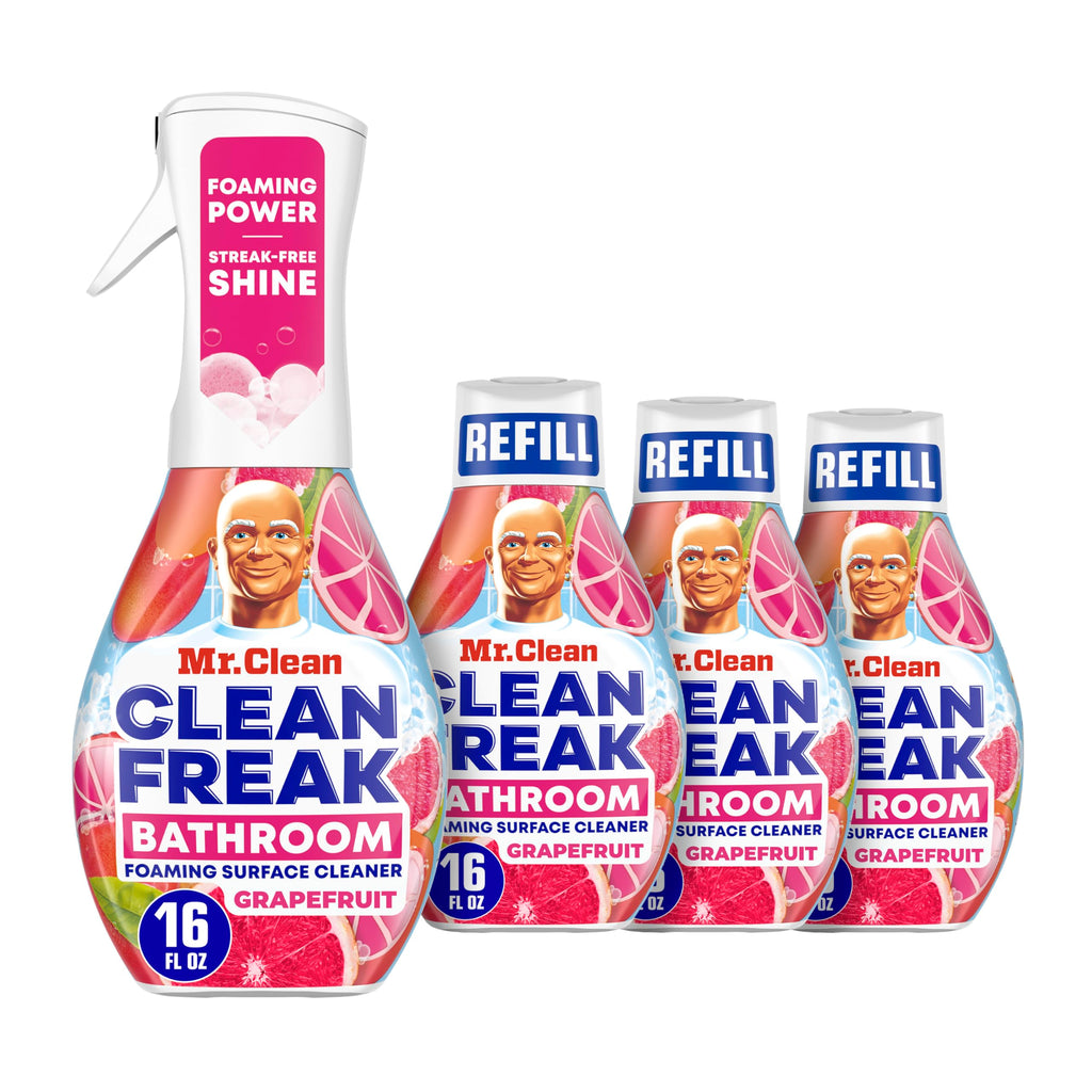 Mr. Clean Clean Freak Foaming Bathroom Surface Cleaner Multi-Surface Spray Starter Kit and Refill Bundle, Grapefruit Scent, 64 fl oz