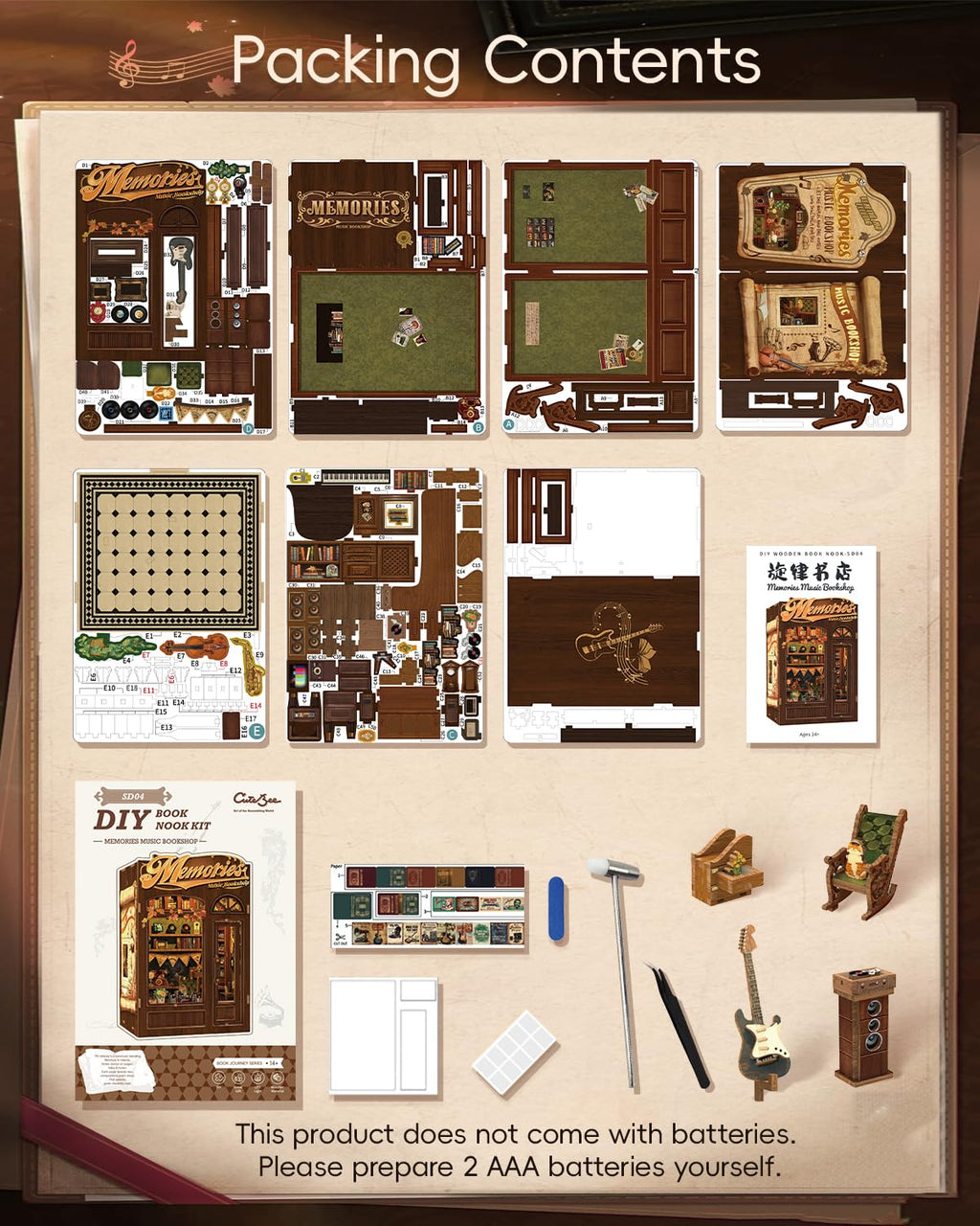 CUTEBEE Book Nook Kit - DIY Miniature House Dollhouse Kit for Adult and Teens, Booknook Bookshelf Decor Alley Model Build with LED Light, Gifts for Family and Friends (Memories Music Bookshop)