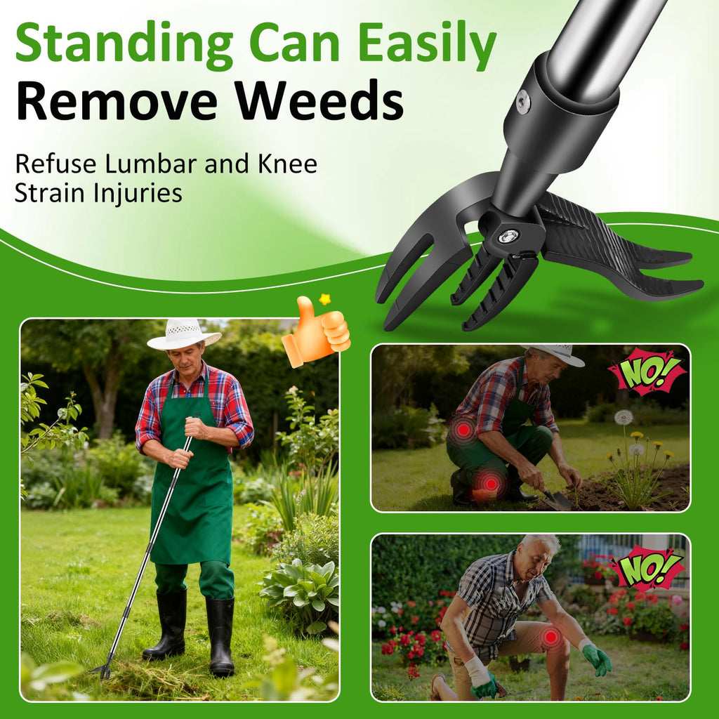 Hivenlly Weed Puller Tool, Stand Up Weed Remover Tool with Long Handle, 4 Claw Steel Head Weeder Tool with 4-Sectioal Pole Design, Garden Hand Weeding Tool, Smoothly Remove Weeds Without Kneeling