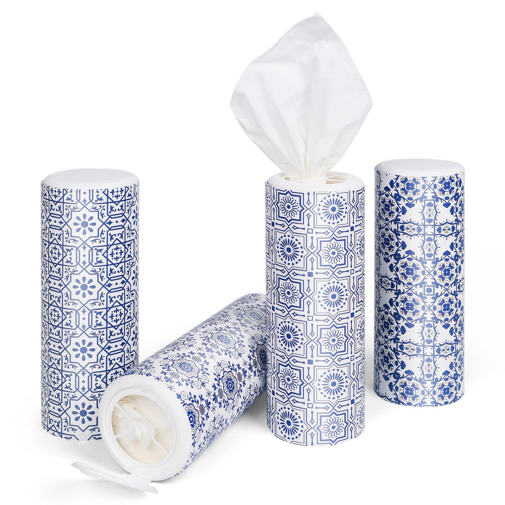 CLOVER Car Tissue Holder with Facial Tissues Bulk,4 Tubes Lotion, Travel Tissues for Cup Holder, Car tissues Cylinder with Gift Wrapping(3-ply,200 Sheets)