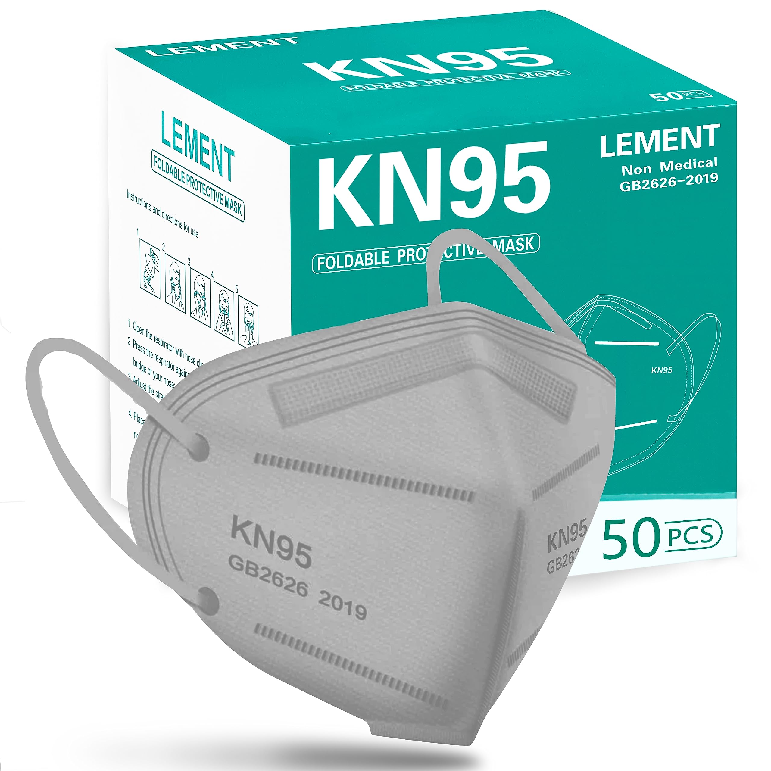 LEMENT 50PCS KN95 Face Mask 5 Layer Cup Dust Safety Masks Breathable Elastic Ear Loops Grey Masks