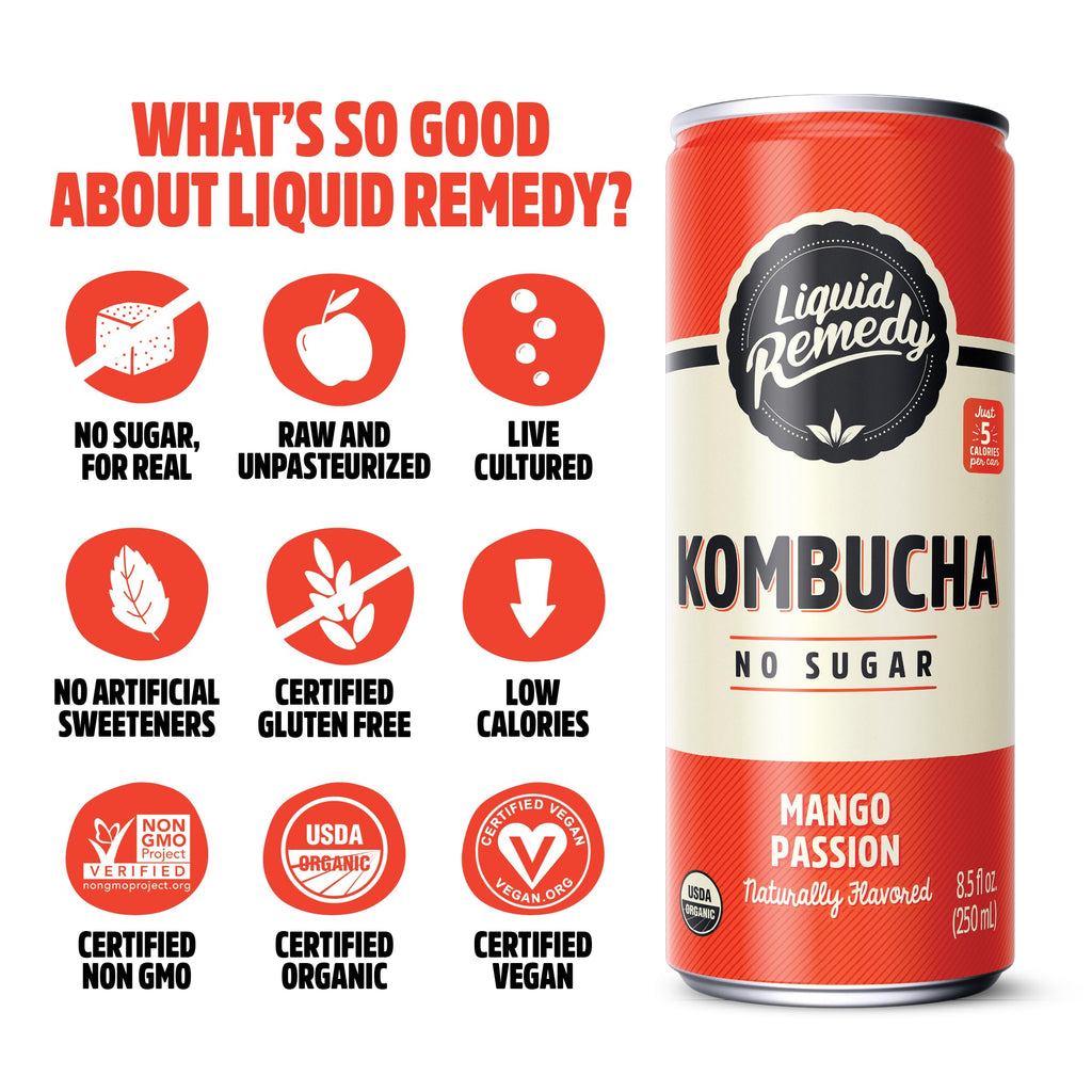 Liquid Remedy Kombucha Sugar Free Organic Drink, Low Calorie, Probiotic Like Tea for Gut Health - Tropical Trio Variety Pack - 8.5 Fl Oz Can, 12-Pack