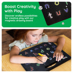 PicassoTiles 2-in-1 Magnetic Drawing Board Toy 12x10 inch Large Magnet Bead Tablet Pad with 2 Facings Alphabet STEM Free Style Educational Erasable & Reusable Learning Writing Playboard in Black PTB04