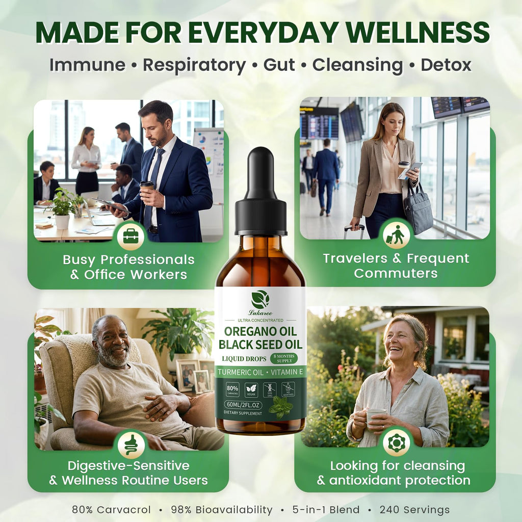 Oil of Oregano Drops with Black Seed Oil, Turmeric Oil, Vitamin E & Olive Oil Based, Immune Digestive Cleanse & Detox*, 80% Carvacrol Cold-Pressed Natural Aceite de Oregano, 2 Fl Oz, 8 Month Supply
