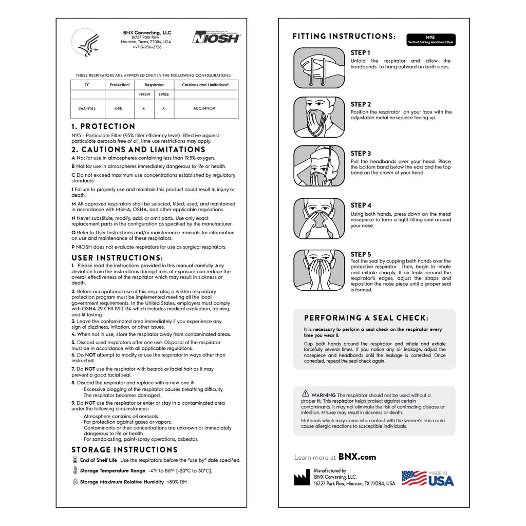 AccuMed BNX N95 Mask Black NIOSH Certified MADE IN USA Particulate Respirator Protective Face Mask (20-Pack, Approval Number TC-84A-9315 / Model H95B) Black