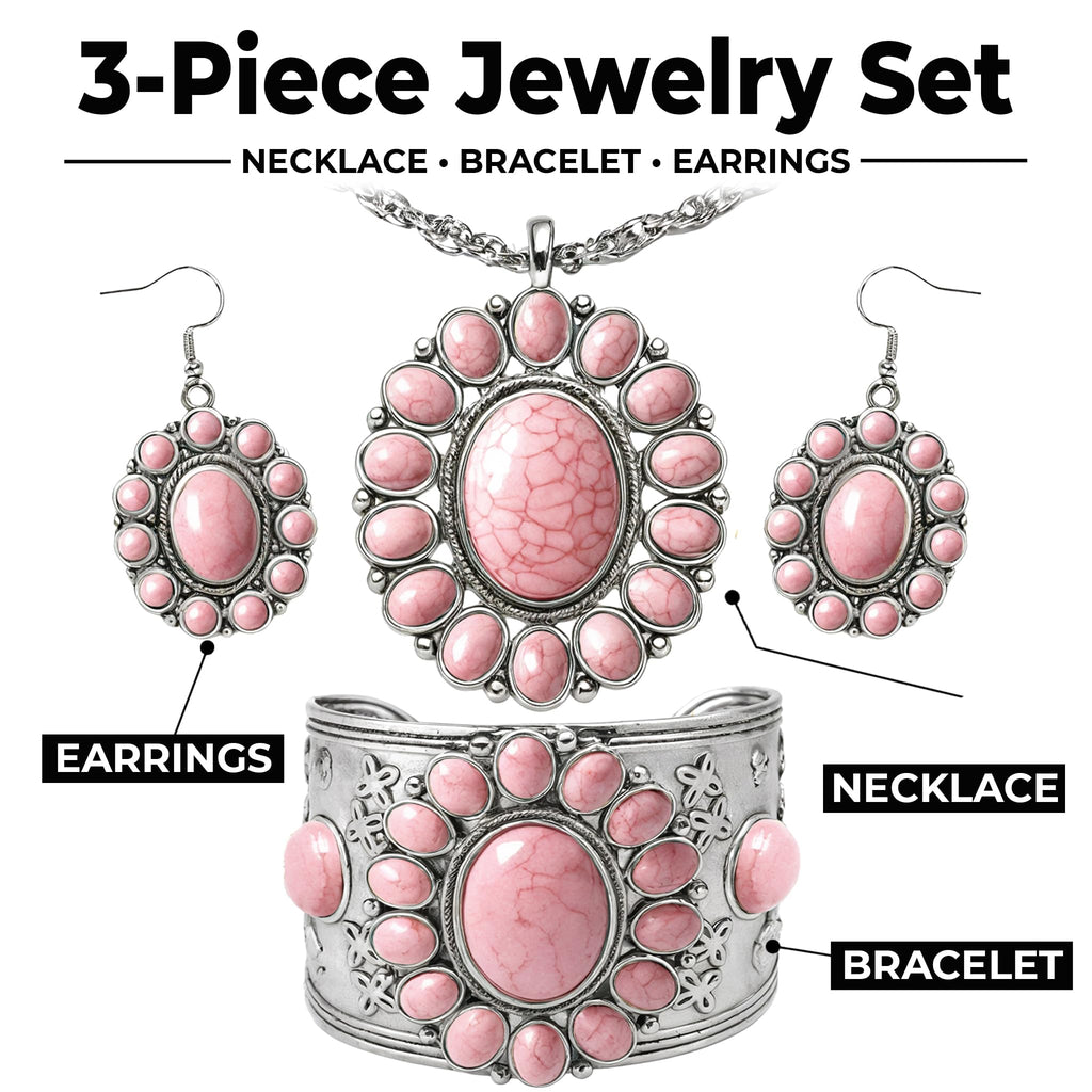 Shop LC Howlite Western Jewelry Set for Women | Turquoise Inspired Cowgirl Boho Necklace Earrings Bracelet | Chunky Statement Southwestern Jewelry - Sunset Rose
