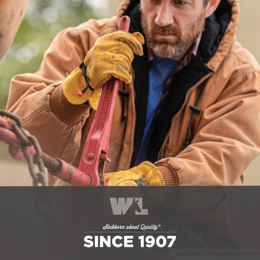 Wells Lamont Leather Work Gloves for Men – Heavy Duty, Cowhide, Abrasion & Puncture Resistant – Adjustable Wrist, Gunn Cut Design, Ideal for Ranching, Farming, Construction - Saddletan - L