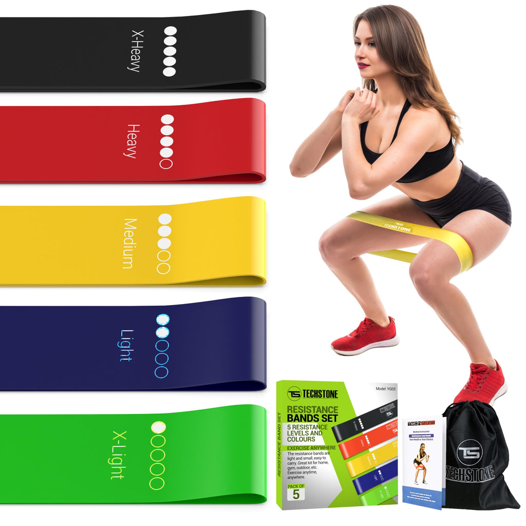 TechStone Resistance Bands Set for Men and Women, Pack of 5 Different Levels Elastic Band for Home Gym Long Exercise Workout ��� Great Fitness Equipment for Training, Yoga ��� Free Carrying Bag (Blue)