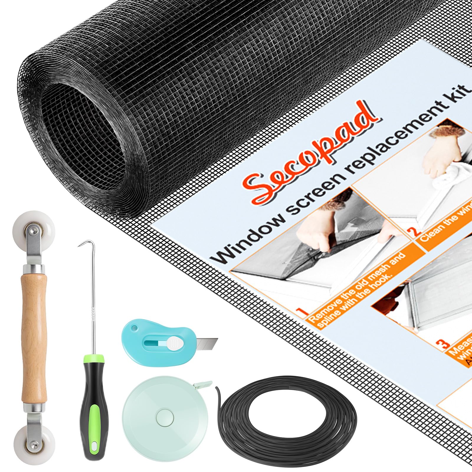 Secopad Window Screen Repair Kit, 48" x 118" Screen Door Mesh Replacement Kit, Durable Fiberglass Roll with Tools for Windows Doors Patio and Porch Replacement, Black