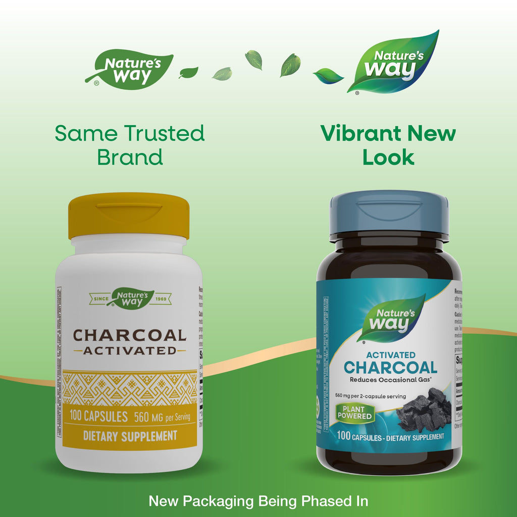 Nature's Way Activated Charcoal, Binds Unwanted Materials and Gas in the Digestive Tract*, 560 mg per 2-Capsule Serving, 100 Capsules (Packaging May Vary) - 2 Pack