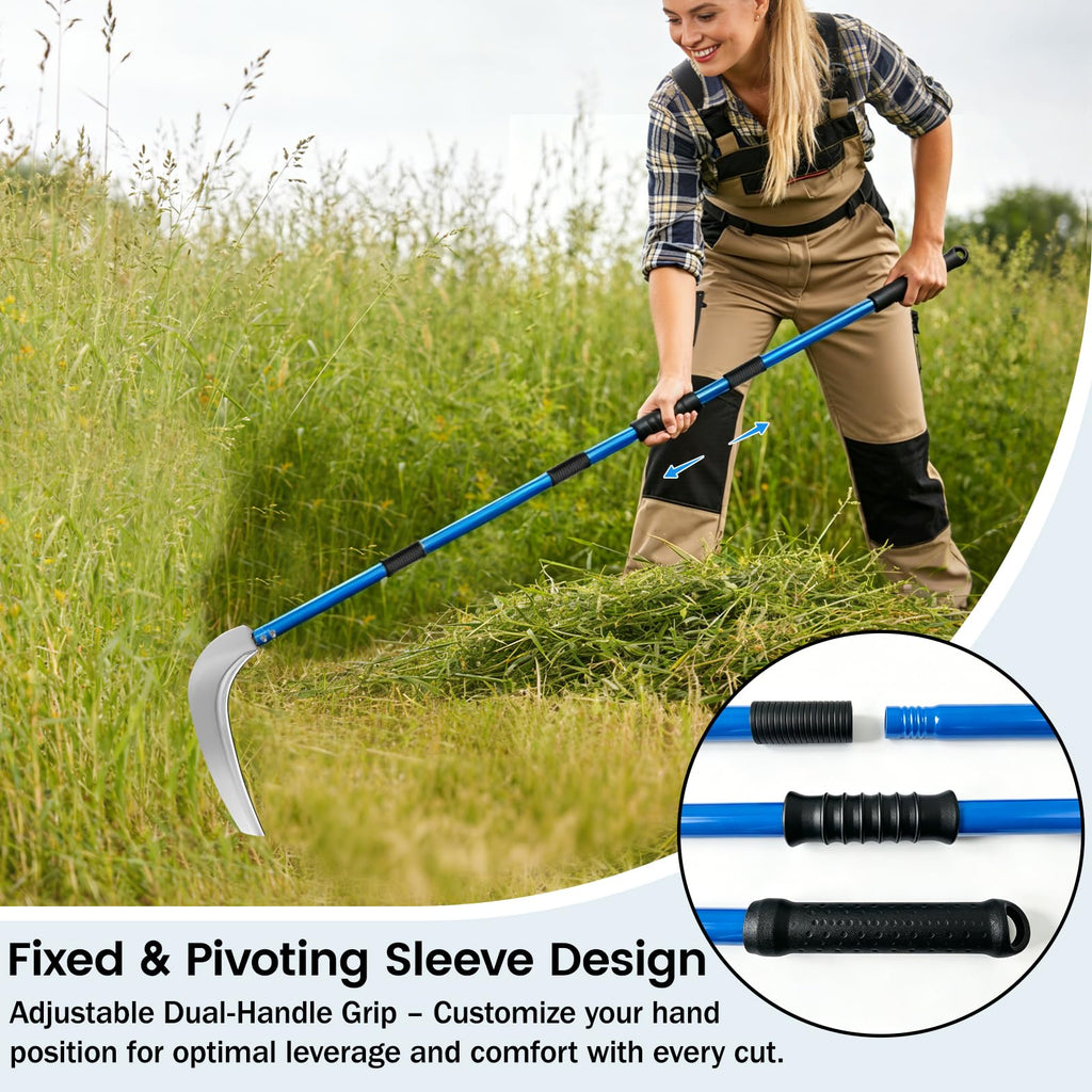12.6'' Scythe Tool for Grass Cutting, 4 Stainless Steel Poles, Adjustable Dual-Hand Grip, Professional-Grade Blade, for Clearing Bushes, Vines, Fields, Ditches, Paths, Landscaping, Blue, 67in.