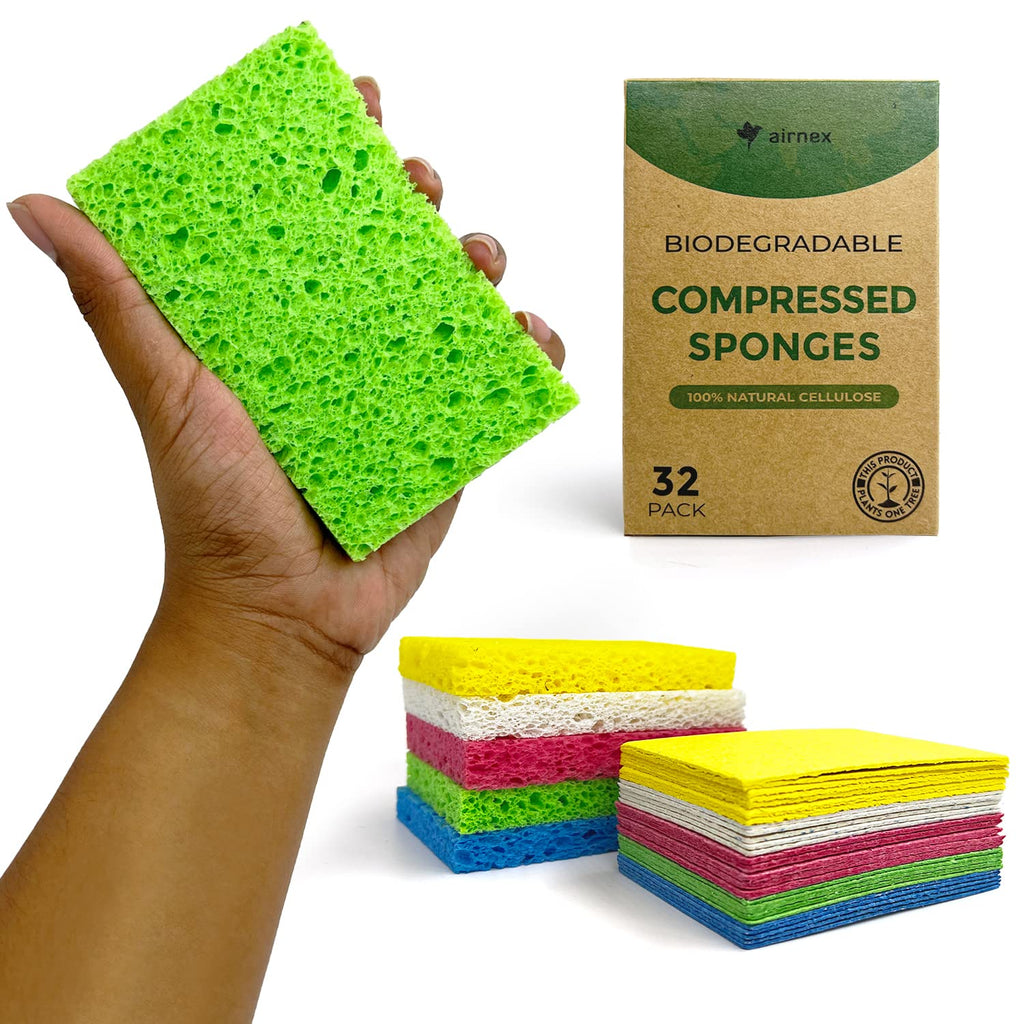 AIRNEX Compressed Cellulose Sponges - 32 Pack Natural Pop Up Dish Sponge for Kitchen - Compostable Plant-Based Cleaning Sponges Bulk – Non Scratch Natural Sponge for Dishes & Household Cleaning