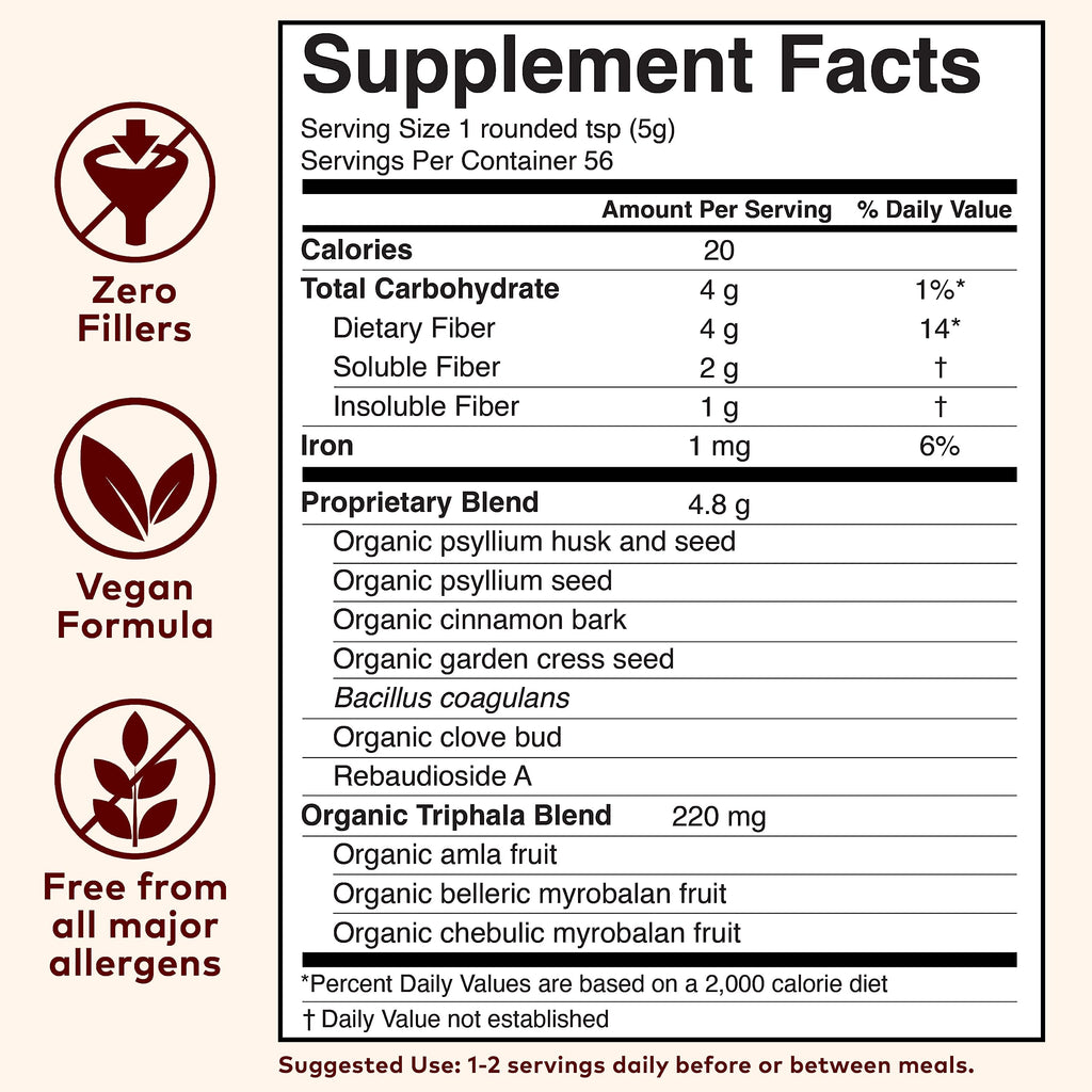 ORGANIC INDIA Psyllium Husk Powder - Pre & Probiotic Fiber Supplement, Organic Psyllium Husk Fiber Supplement with Whole Psyllium Husk, USDA Certified Organic, Vegan, Gluten Free - Cinnamon, 10 Oz