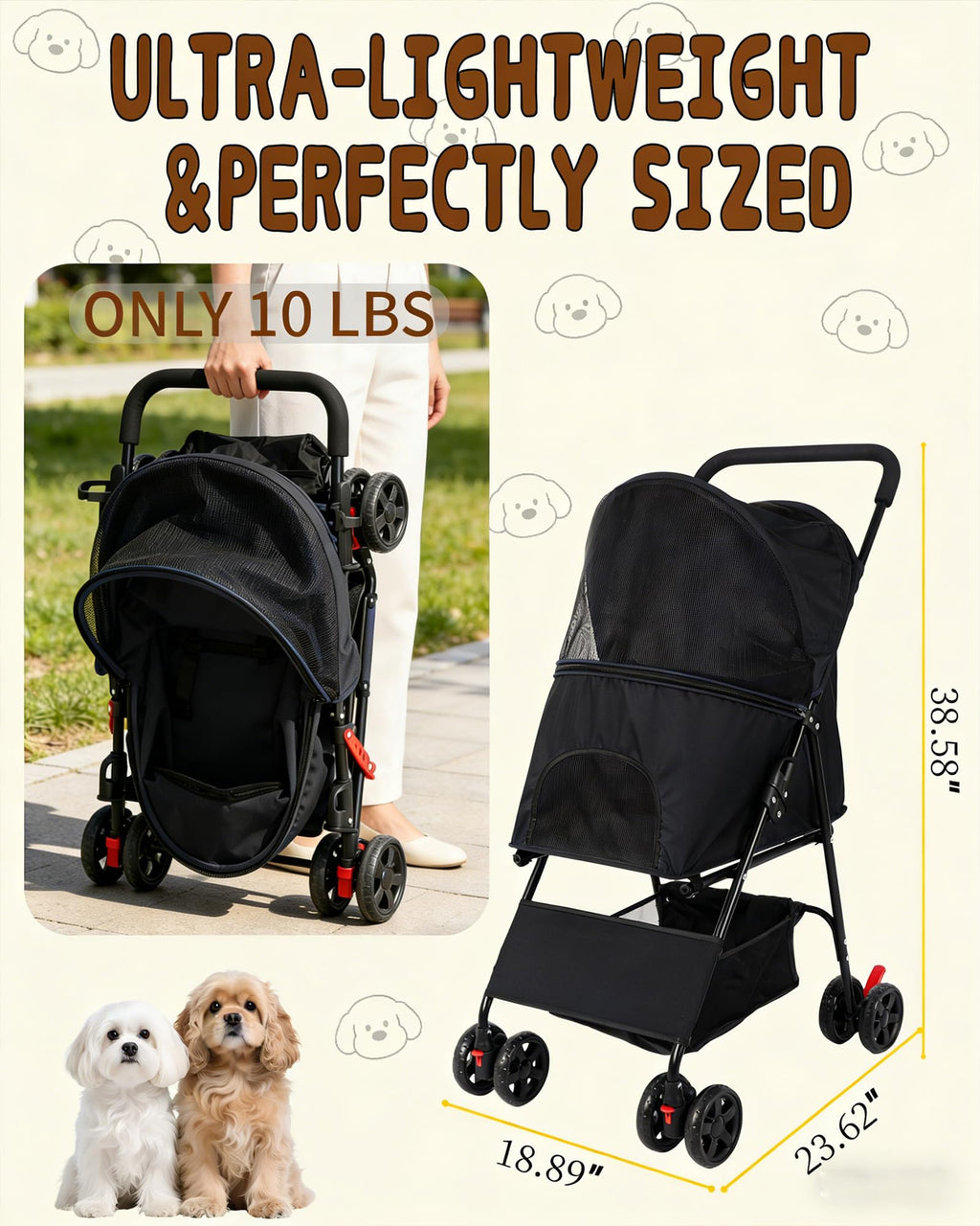 Pet Stroller for Small Medium Dogs Cats - Lightweight 10lbs Foldable Dog Stroller, Breathable Mesh & Safety Tether, 33lbs Capacity with Locking Wheels, Storage Basket for Outdoor Walks-Black