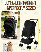 Pet Stroller for Small Medium Dogs Cats - Lightweight 10lbs Foldable Dog Stroller, Breathable Mesh & Safety Tether, 33lbs Capacity with Locking Wheels, Storage Basket for Outdoor Walks-Black