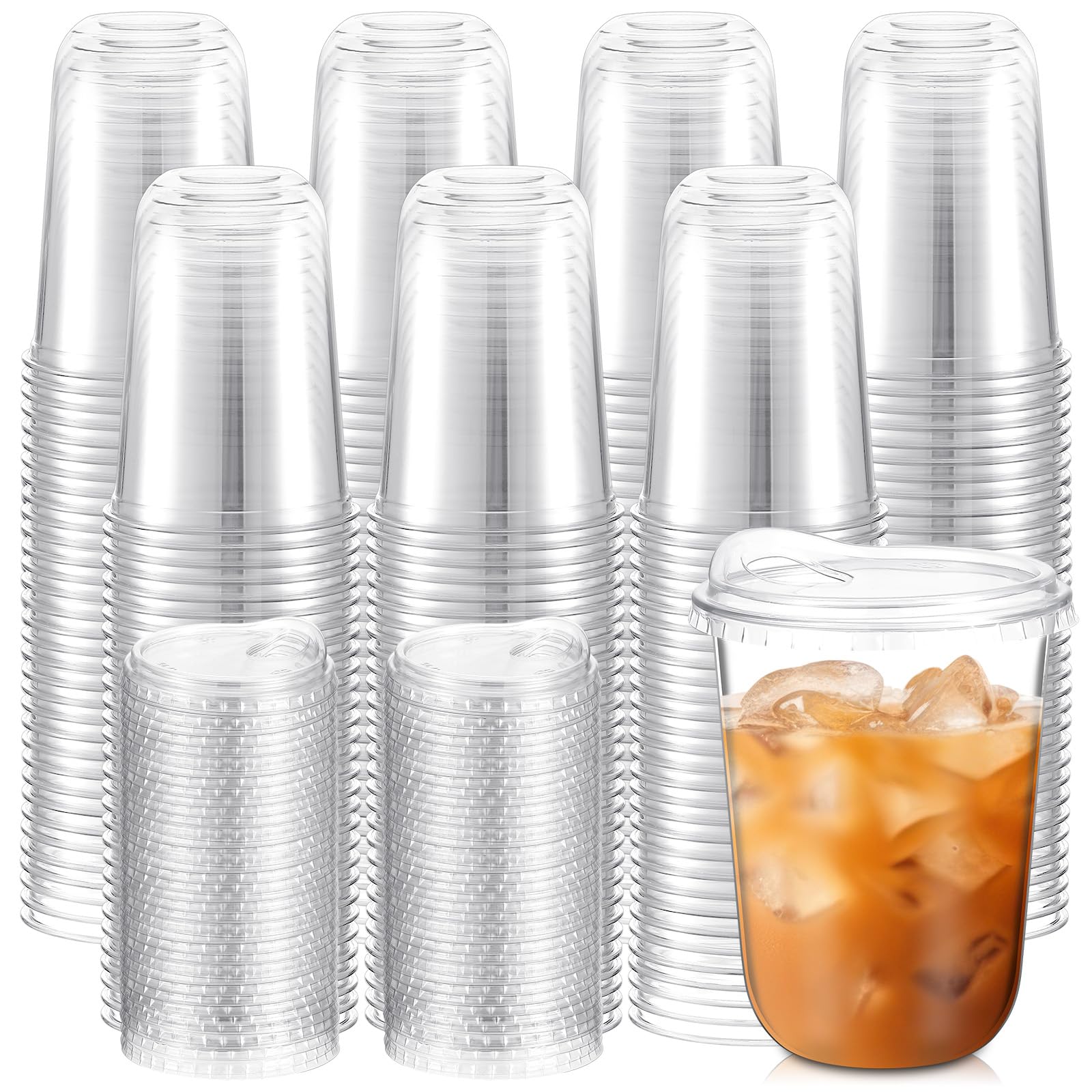 Baderke 300 Pcs Clear Plastic Cups with Strawless Sip Lids Disposable Round Bottom Togo Cups for Coffee Smoothie Cold Beverage Coffee Shops and Party Catering (16 oz)