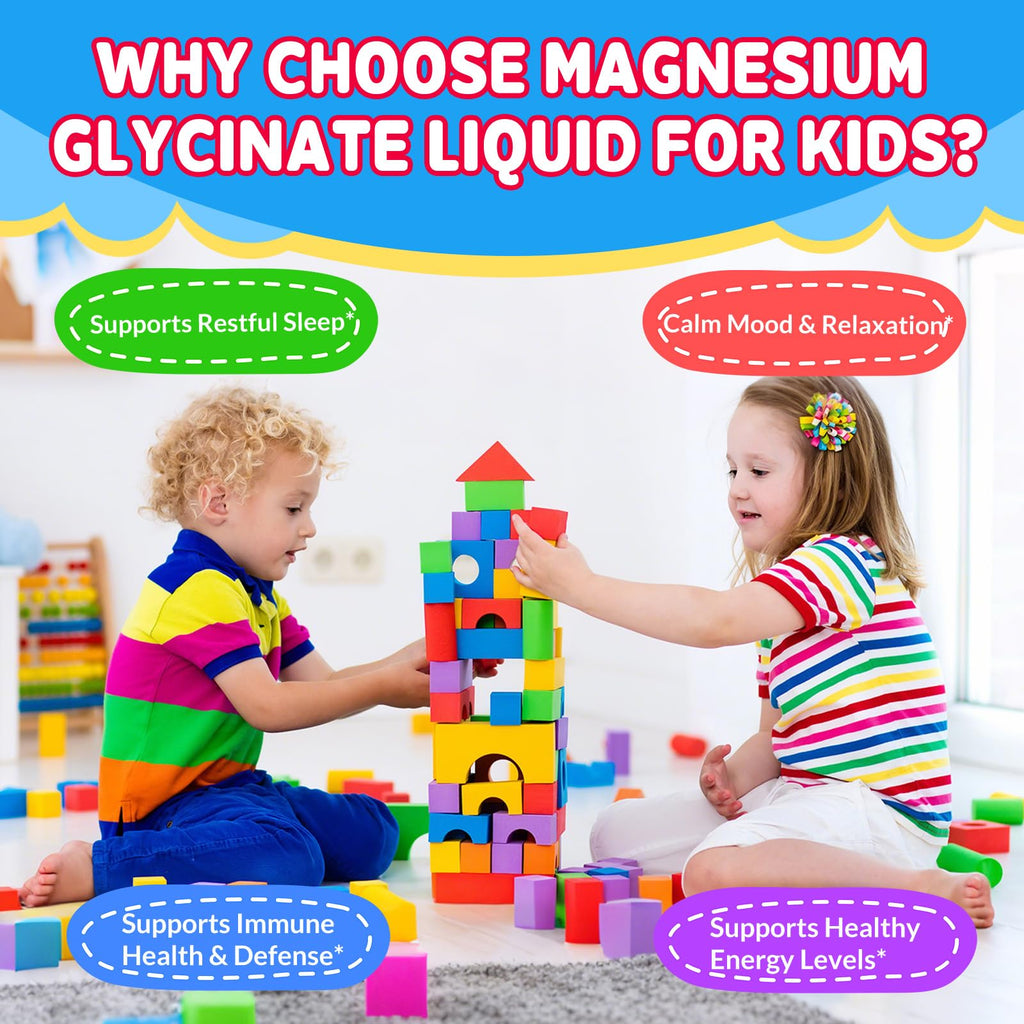 Kids Magnesium Glycinate Liquid Drops‌ – with L-Theanine, Omega-3, Vitamins B6 & D3, Zinc & Calcium – for Sleep Support, Relaxation, Focus & Brain, Bones – Mixed Berry Flavor, 2 Fl Oz
