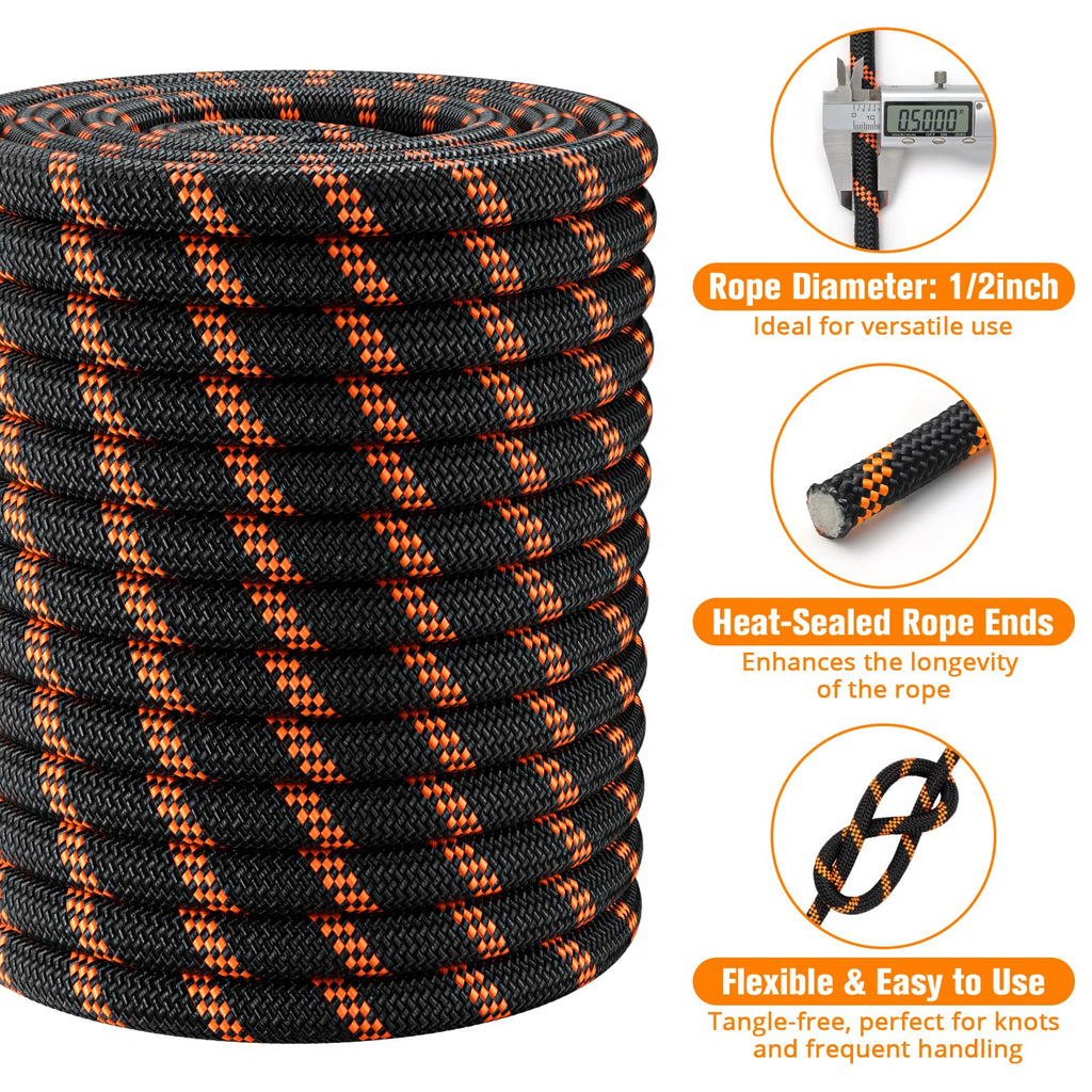Double Braided Arborist Rigging Rope - 1/2 in X 100 ft 48 Strands Rappelling Outdoor Pulling Heavy Duty Polyester Bull Rope for Swing Tree Work Camping Rescue Hiking - Black