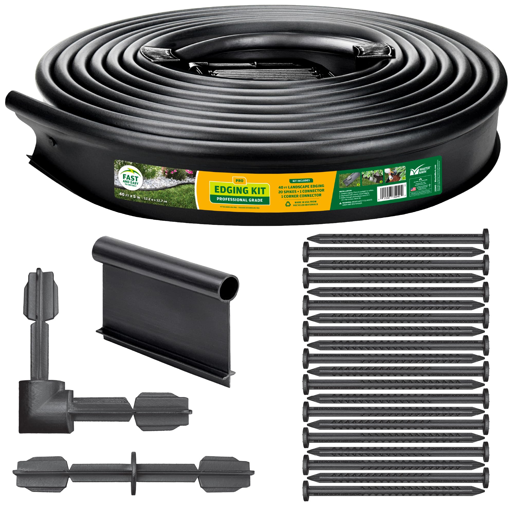 Master Mark Pro Landscape Edging Kit – 5 Inch x 40 Ft Heavy‑Duty Garden Border with YardPack (20 Spikes & 2 Connectors), Flexible Lawn Edging for Flower Beds, Gardens, Tree Rings and Landscaping