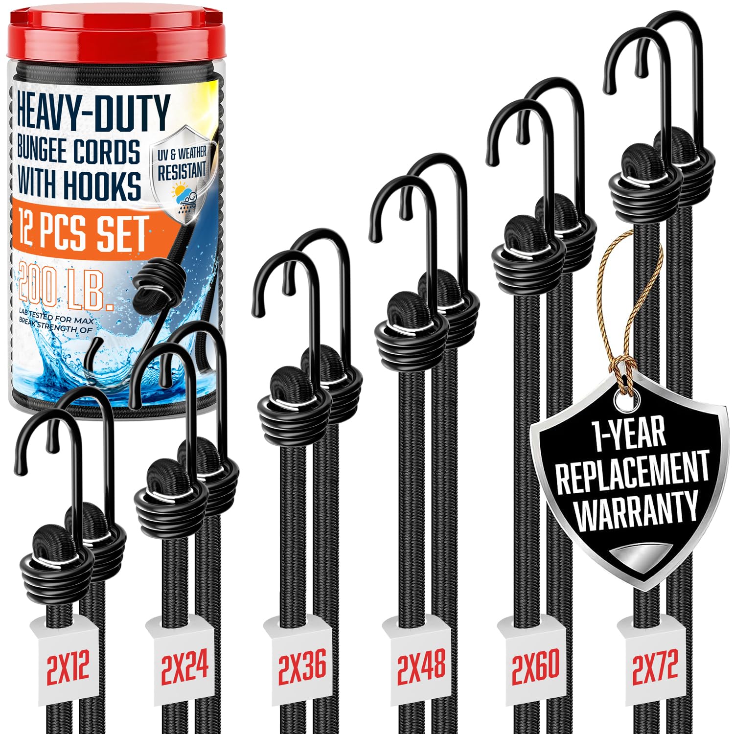 VBEST Strong Bungee Cords Heavy Duty - 12 pcs Bungee Cords with Hooks in A Storage Jar Includes 12", 24", 36", 48", 60", 72" Bungie Cord Bundle UV & Weather Resistant