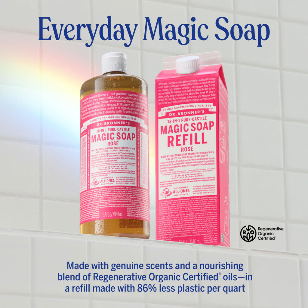 Dr. Bronner's Pure-Castile Magic Soap Liquid- Made with Regenerative Organic Certified Oils- For Body, Face, Hair, Dishes, Laundry, Vegan Bath Soaps for Men & Women, Non-GMO - Rose, 32oz + Refill