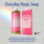 Dr. Bronner's Pure-Castile Magic Soap Liquid- Made with Regenerative Organic Certified Oils- For Body, Face, Hair, Dishes, Laundry, Vegan Bath Soaps for Men & Women, Non-GMO - Rose, 32oz + Refill