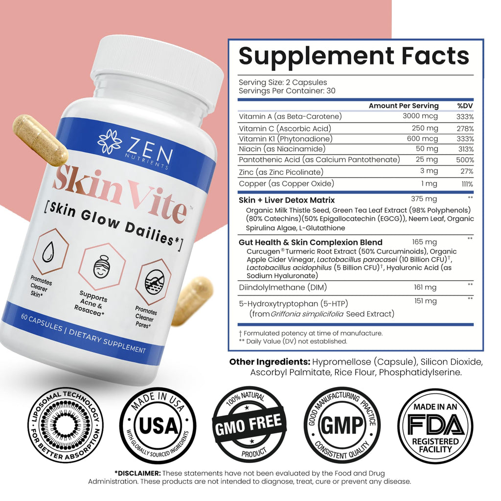 Zen Nutrients SkinVite Natural Skin Supplement for Women, Men & Teens - Hormonal Breakouts & Clear Skin Support Supplement - Detoxifying Vitamin for Acne and Digestion Support
