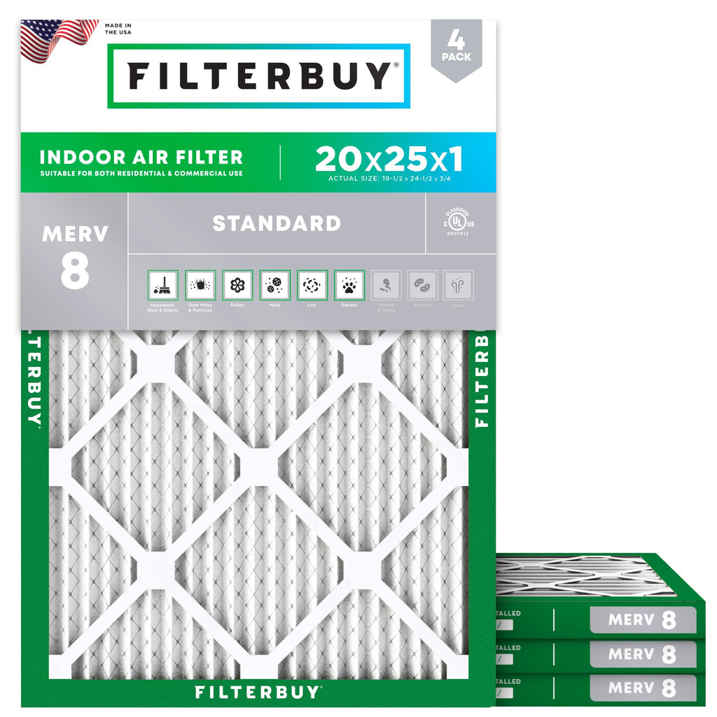 Filterbuy 20x25x1 Air Filter MERV 8 Dust & Allergy Defense (4-Pack)