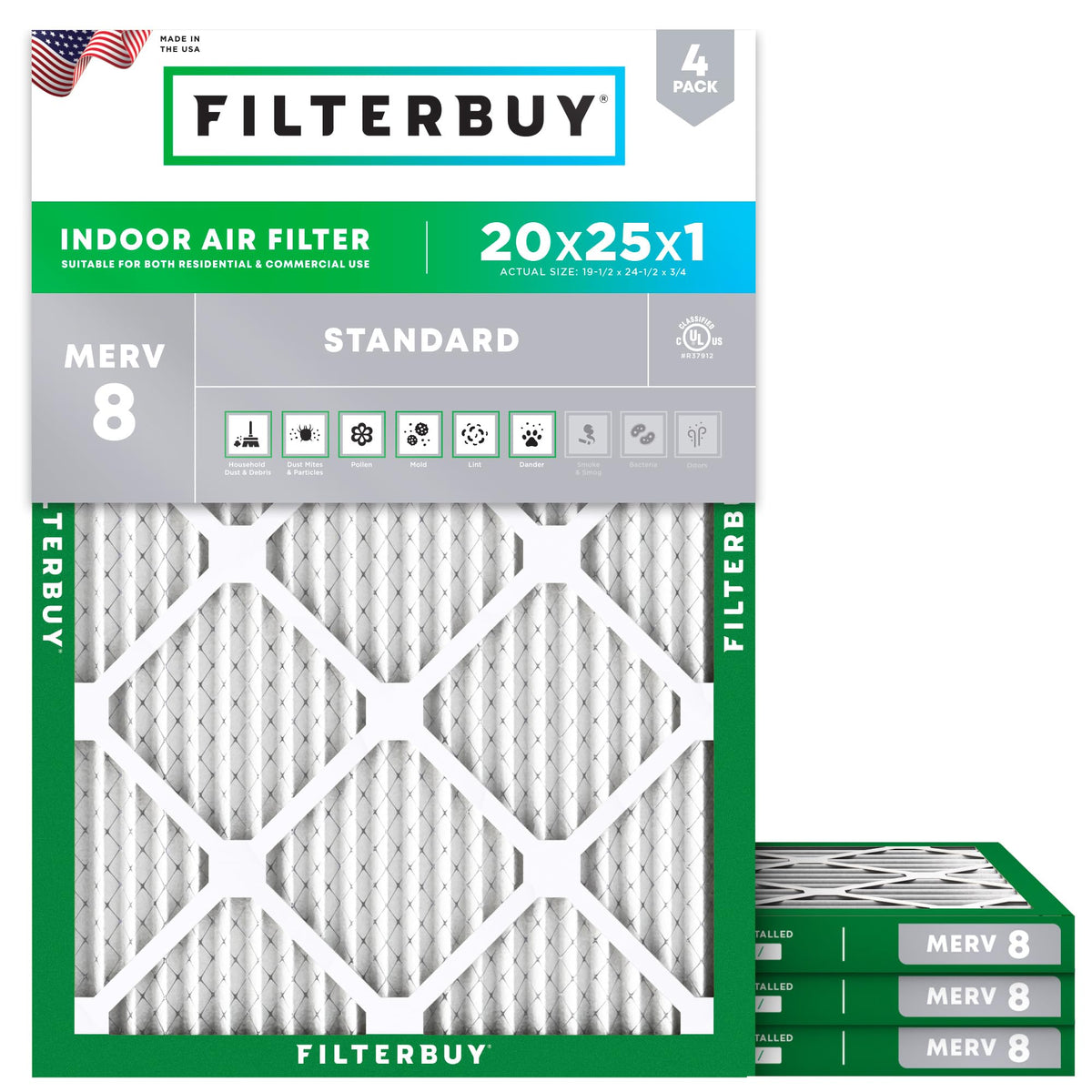 Filterbuy 20x25x1 Air Filter MERV 8 Dust & Allergy Defense (4-Pack)