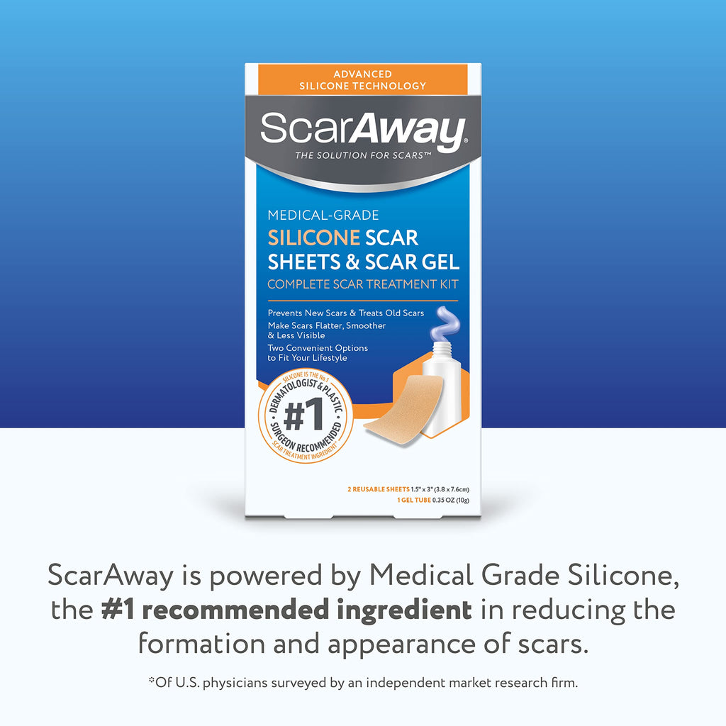 ScarAway Complete Scar Treatment Kit, Clinically Supported Treatment (Pack of 2) Tan Medical-Grade Silicone Scar Sheets (1.5" x 3") and Silicone Gel (0.35 Oz), Water-Resistant & Self-Adhesive