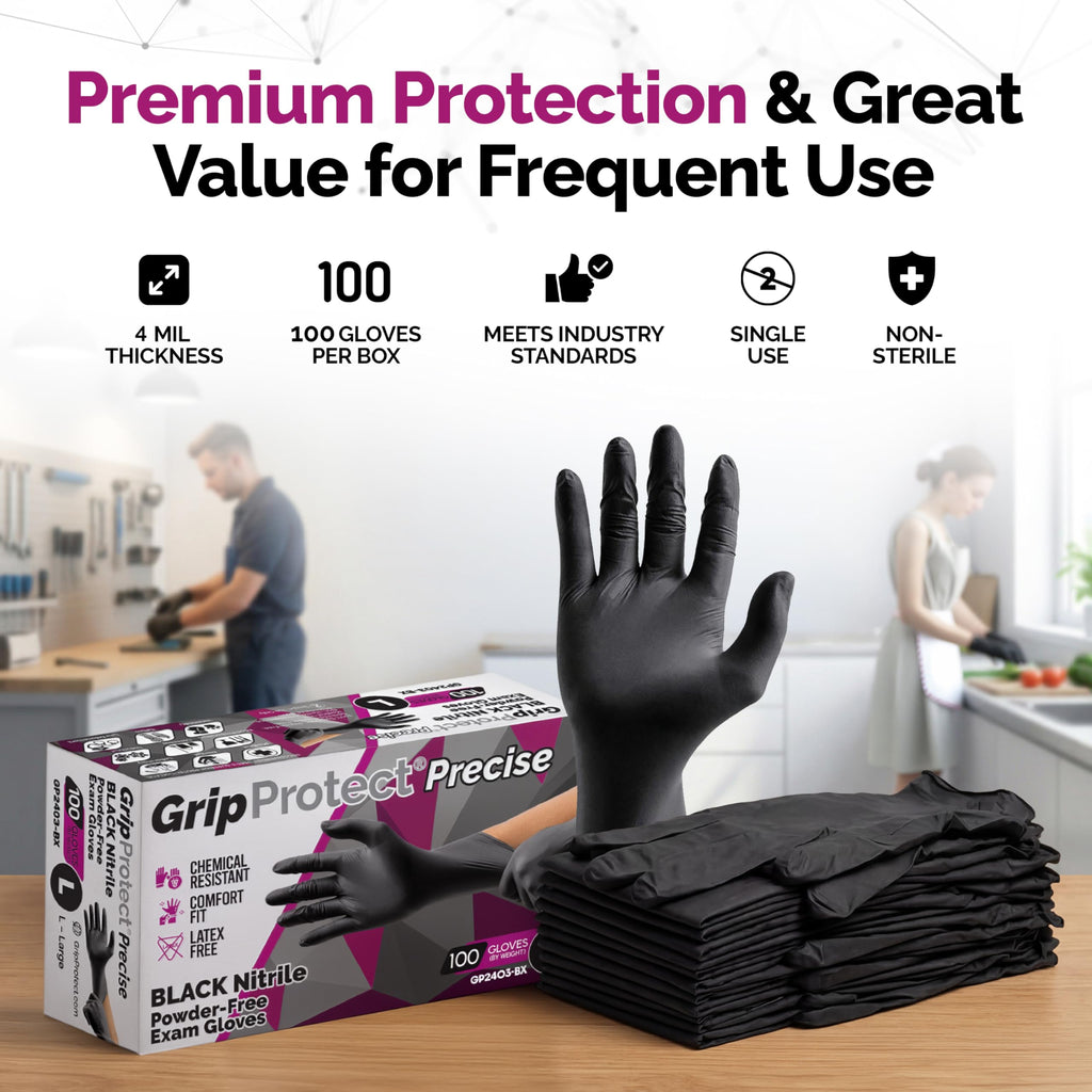 GripProtect Precise Black Nitrile Gloves 4 Mil – Chemical Resistant Nitrile Gloves with Textured Grip for Mechanics, Tattoos, Food Prep & Cleaning - Medical Grade Disposable Gloves, Large, 100