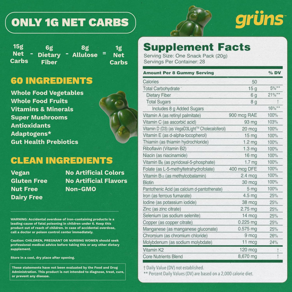 Gruns Adult Sugar-Free Super Greens Multivitamin Gummies, Superfood Gummy Vitamins for Women and Men with Spirulina, Chlorella, Adaptogens & Prebiotic Fiber for Digestive Health (28 Count)
