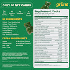 Gruns Adult Sugar-Free Super Greens Multivitamin Gummies, Superfood Gummy Vitamins for Women and Men with Spirulina, Chlorella, Adaptogens & Prebiotic Fiber for Digestive Health (28 Count)