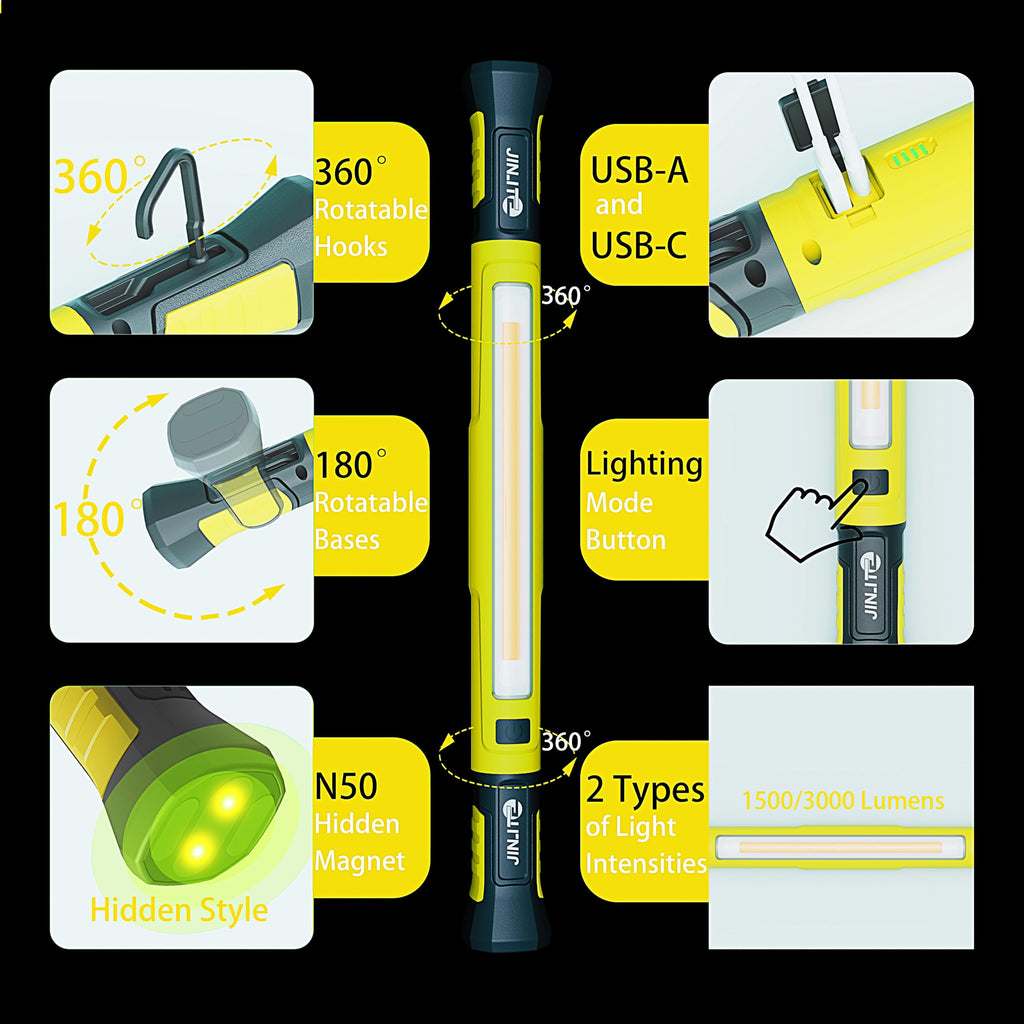 JINLITE Magnetic Work Light - 3000LM Rechargeable LED Work Light Bar, 5200mAh Under Hood Mechanic Light for Garage, Workshop, Vehicle Inspection (1 Pack, Yellow)