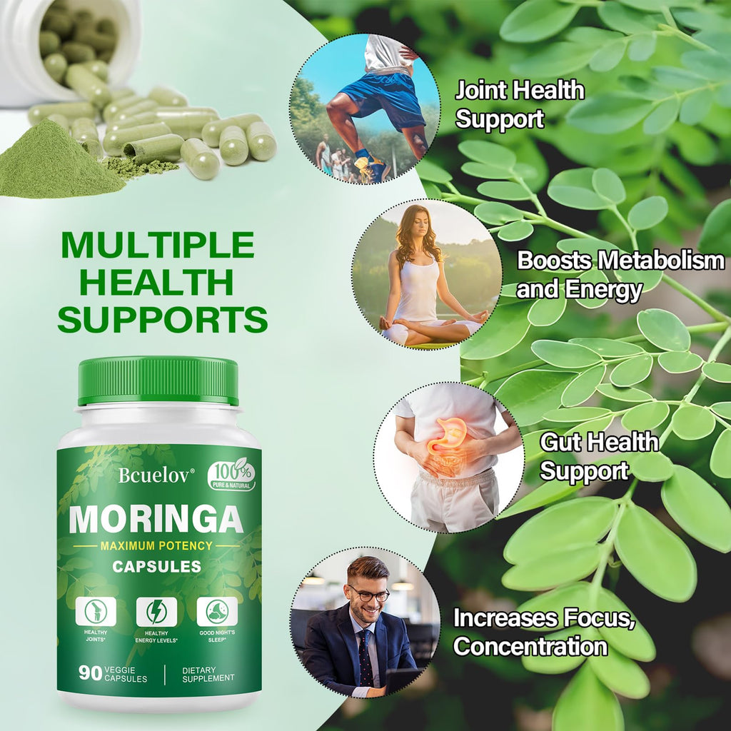 Bcuelov Moringa Capsules | 800mg Pure Moringa Powder Capsules – Supports Energy, Skin & Gut Health, Immune System – Green Superfood with Vitamins & Amino Acids (90 Caps)