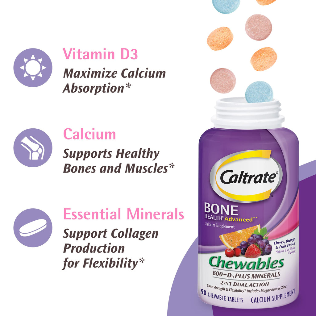 Caltrate Chewables 600 Plus D3 Plus Minerals Calcium Vitamin D Supplement, Cherry, Orange and Fruit Punch - 60 Count (Pack of 2)