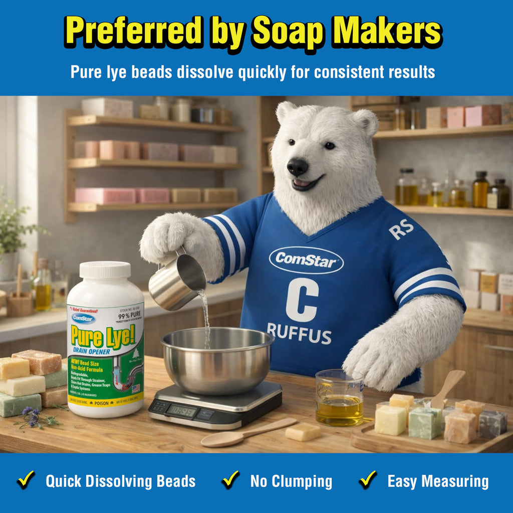 ComStar Pure Lye 2 lb - Unique Sodium Hydroxide Beads | Drain Opener & Soap Making | Biodegradable, Eco-Friendly (30-504)