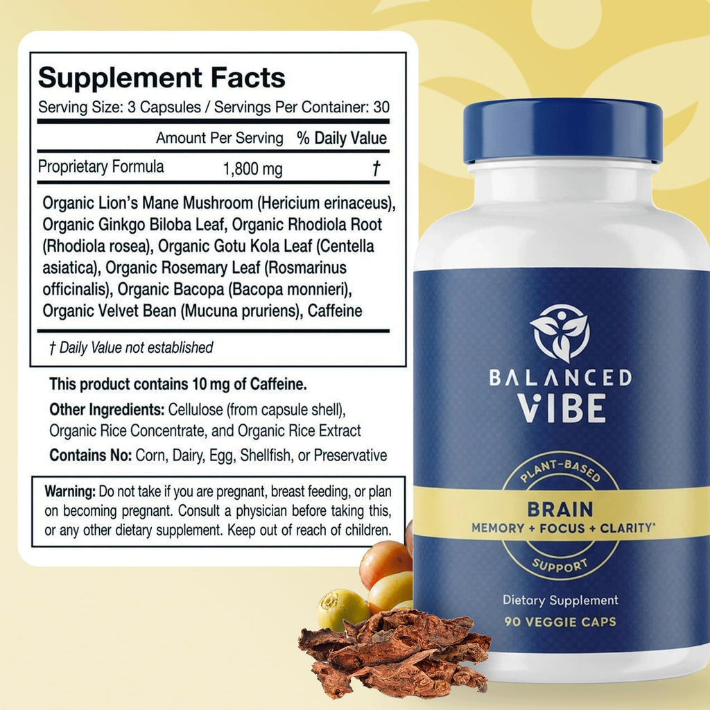 Balanced Vibe Brain Supplement 8 in 1 with Lion's Mane, Bacopa, Rhodiola, Ginkgo Brain Supplements for Memory, Focus & Mental Clarity, Non-Stimulant, Organic, Vegan, GMP Certified, 90 Capsules