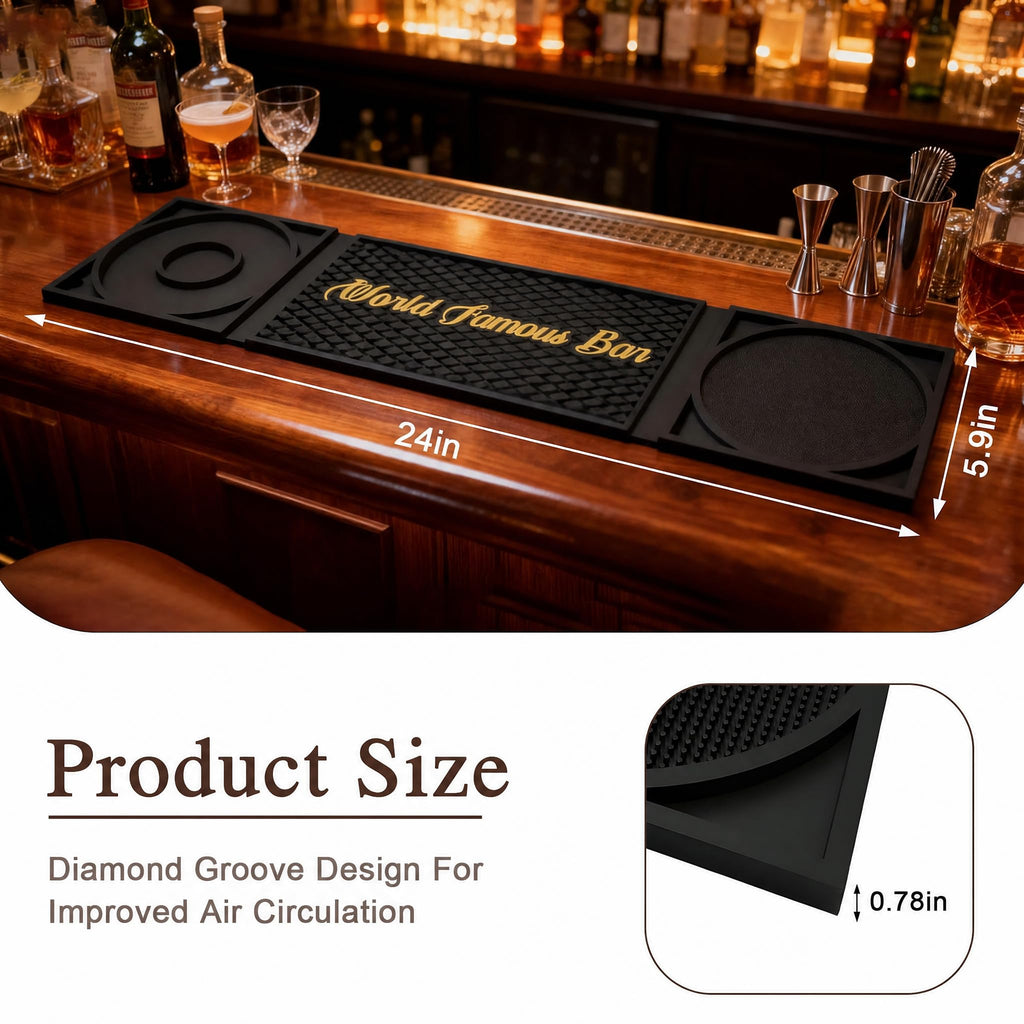 Bar Mat 3-in-1 Non-Slip Bartender Mat, Bar Accessories Countertop Mat 24 x 6 Inch with Spill Catching Surface, Bar Drip Mat for Home, Outdoor & RV Bar Setup（Black）