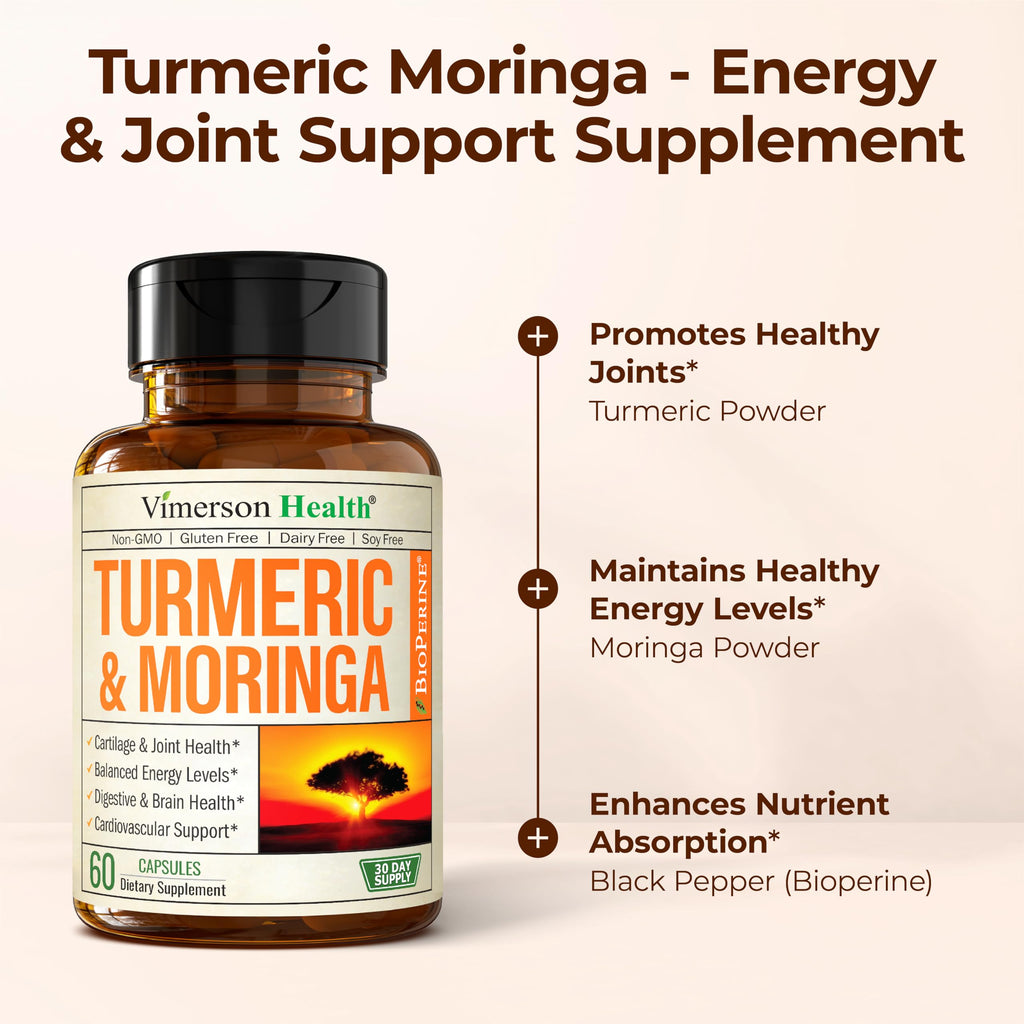 Moringa Turmeric Supplement for Joint Health, Gut Health, Energy and Immune Support – Total Wellness Formula with Tumeric Moringa Pure Capsules – Turmeric Curcumin with Black Pepper – 60 Count