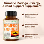 Moringa Turmeric Supplement for Joint Health, Gut Health, Energy and Immune Support – Total Wellness Formula with Tumeric Moringa Pure Capsules – Turmeric Curcumin with Black Pepper – 60 Count