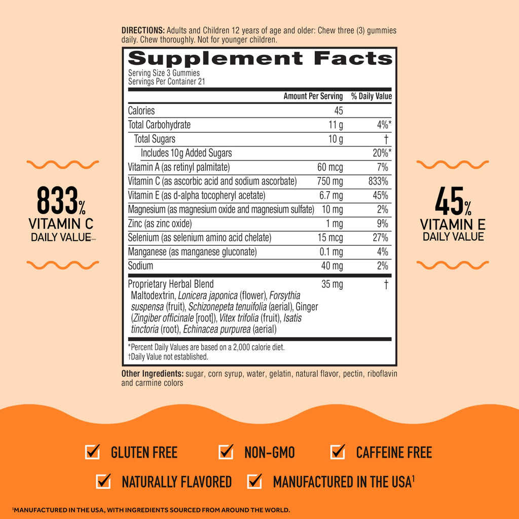 Airborne 750mg Vitamin C Gummies for Adults, Immune Support Gummies with Powerful Antioxidants VIT C & E, Caffeine Free - 2x63ct Bottle (42 Servings), Assorted Fruit Flavor