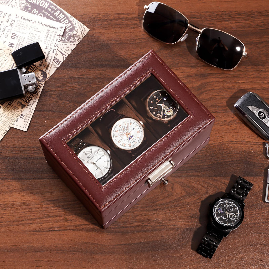 ProCase Watch Box, 3 Slot Watch Display Case with Drawer -Espresso