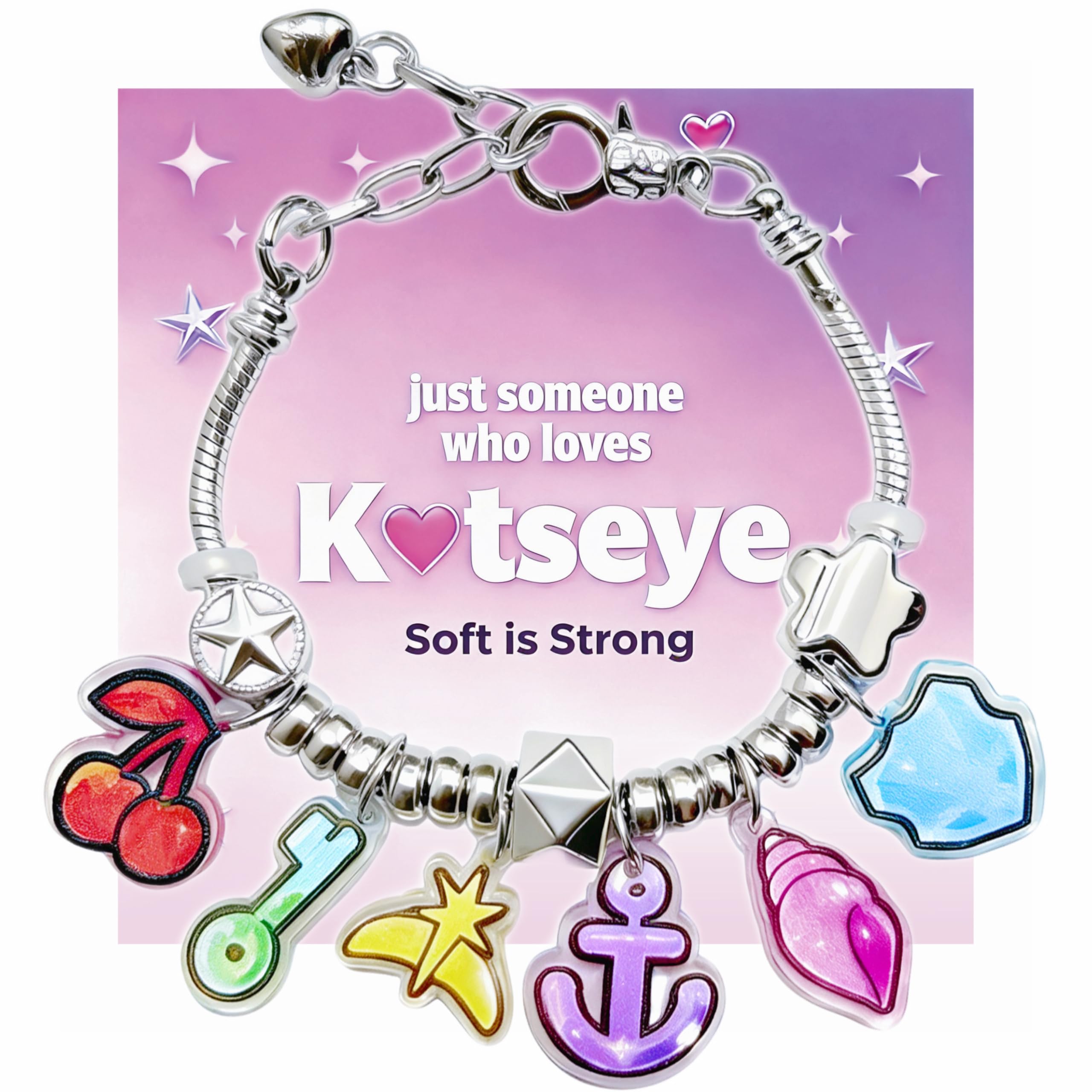 Bracelets Inspired by KATSEYE Merch for Fans, Guardian Shield, Limitless Key, Stellar Tiara, Dual Cherry, Dream Anchor, Soothing Shell with Pink K-pop Style Card for Concert Outfits Gifts (7.5, Inches)