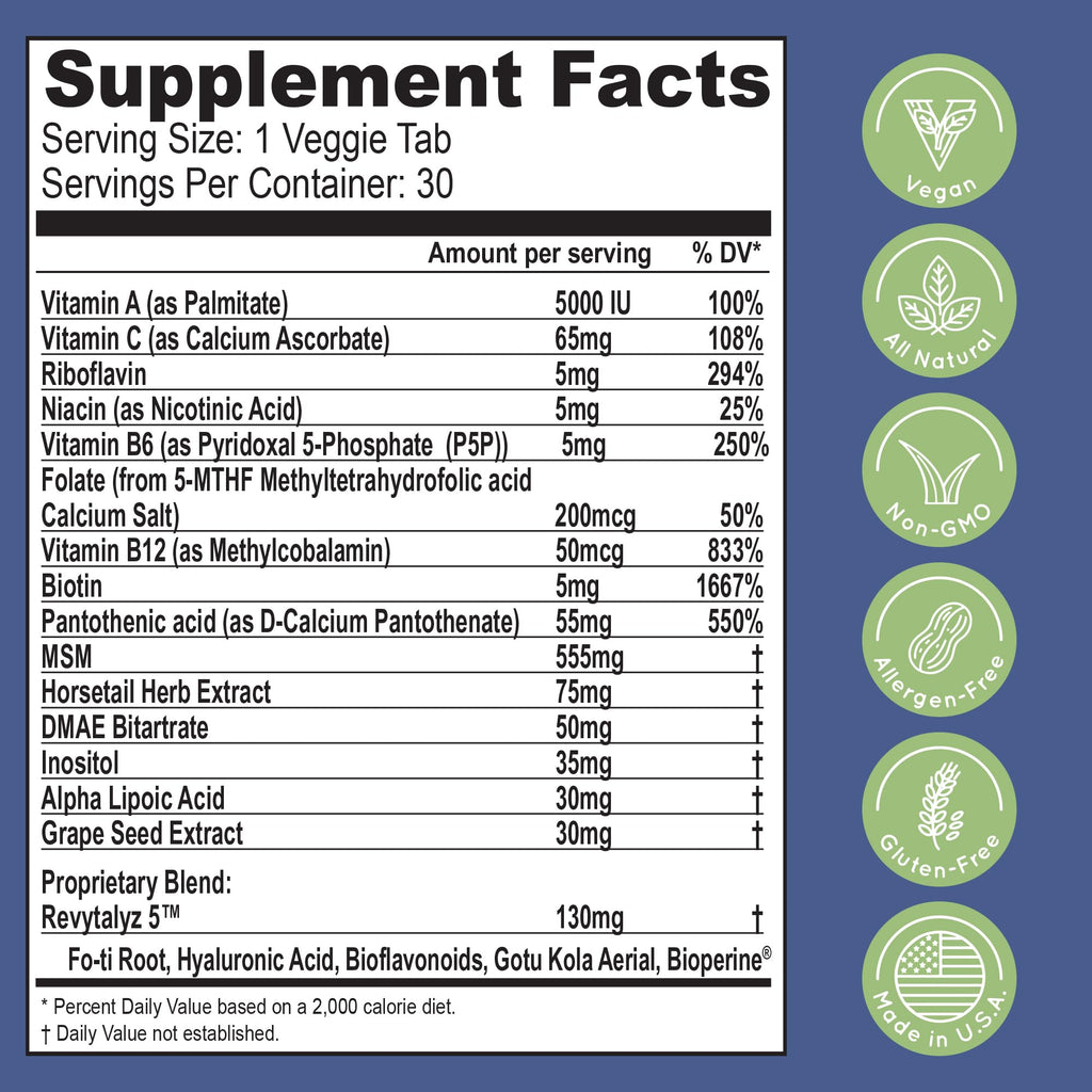Essential Source Biotin (Biotina Vitaminas) - Hair Skin Nails Vitamins for Women & Men - 5000 mcg - Hair Growth Support Supplements - 30 Tablets - with Revytalyz 5, Vitamin A, C, B12 - Made in USA