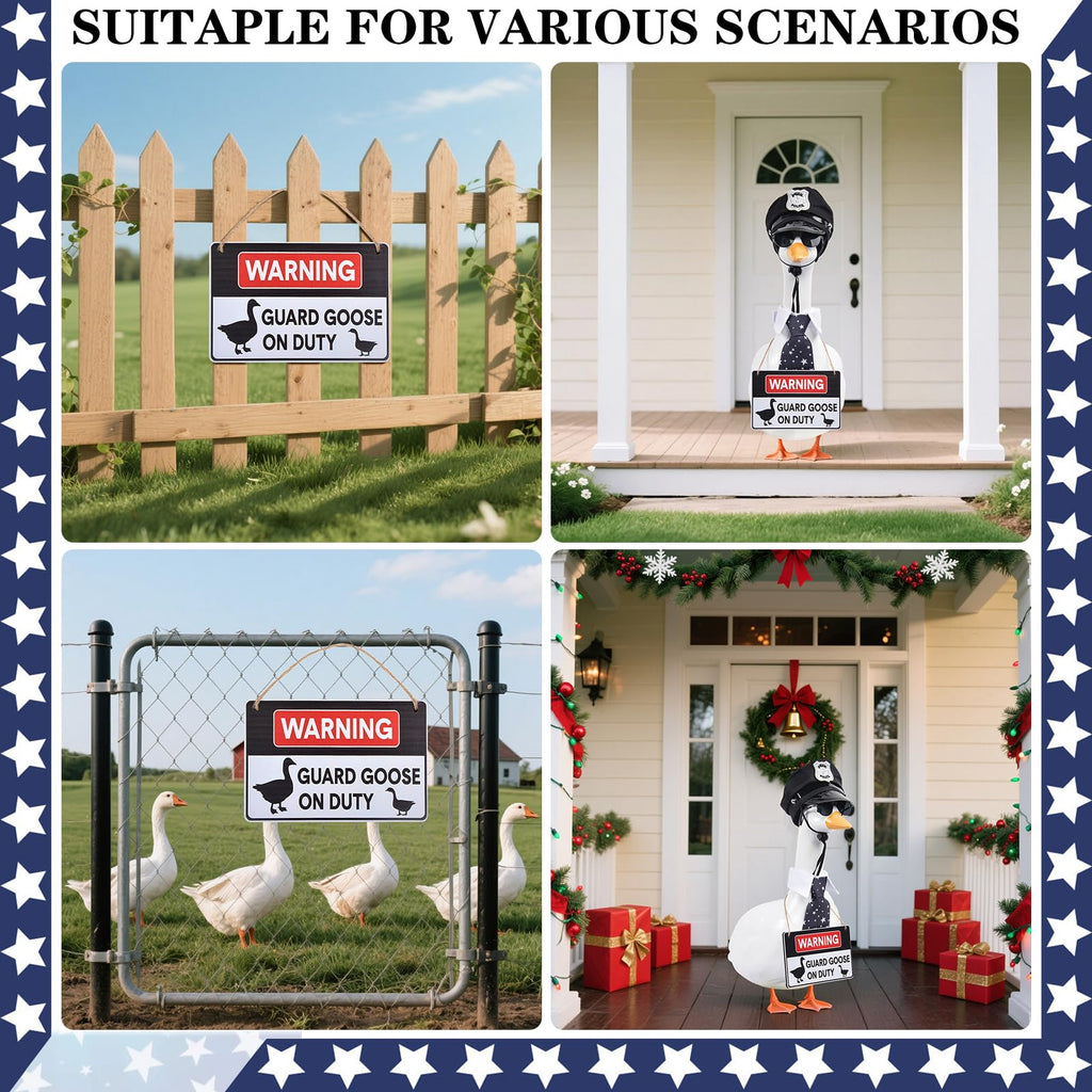 yuboo 4Pcs Police Officer Porch Goose Outfit, Funny Guard Goose Clothes for 23 Inch Large Geese, Includes Hat Sunglasses Tie & Warning Sign, 4th of July Summer Garden Yard Decor