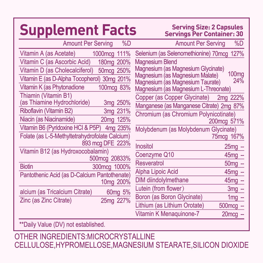 Methylated Multivitamin for Women, 30-in-1 Nutrients Formula with Inositol, CoQ10, Biotin, Zinc for Hair Health Support, Resveratrol, Vitamin C, Alpha Lipoic Acid for Skin Health Support, 60 Capsules