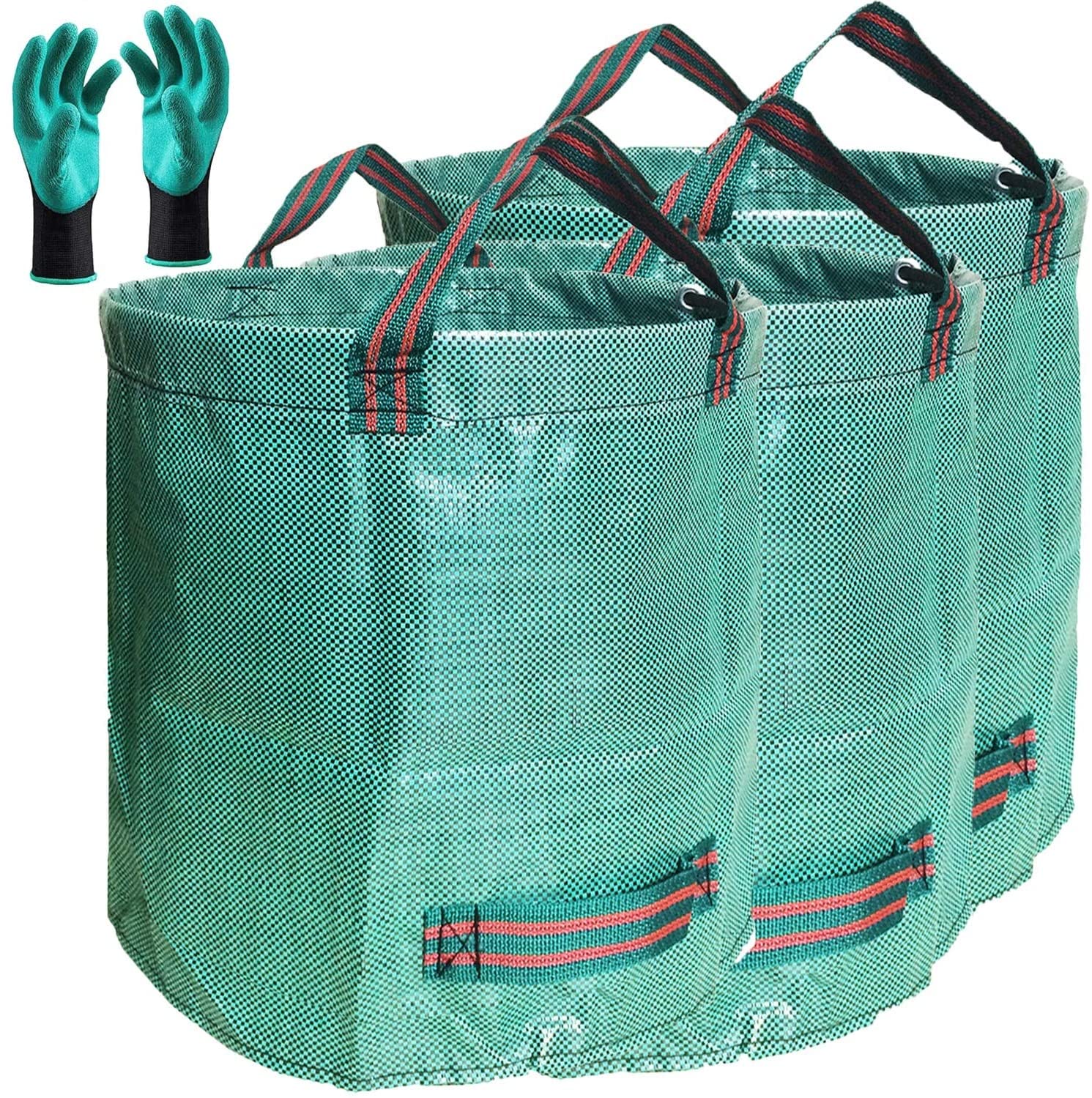 Standard 3-Pack 32 Gallon Lawn Garden Bags (D18,H30 inch) Yard Waste Bags with Gardening Gloves - Reusable Leaf Bags,Yard Debris,Trash Container,Plant Trimmings Bag,Grass Clippings,Weeds Bag 4 Handles