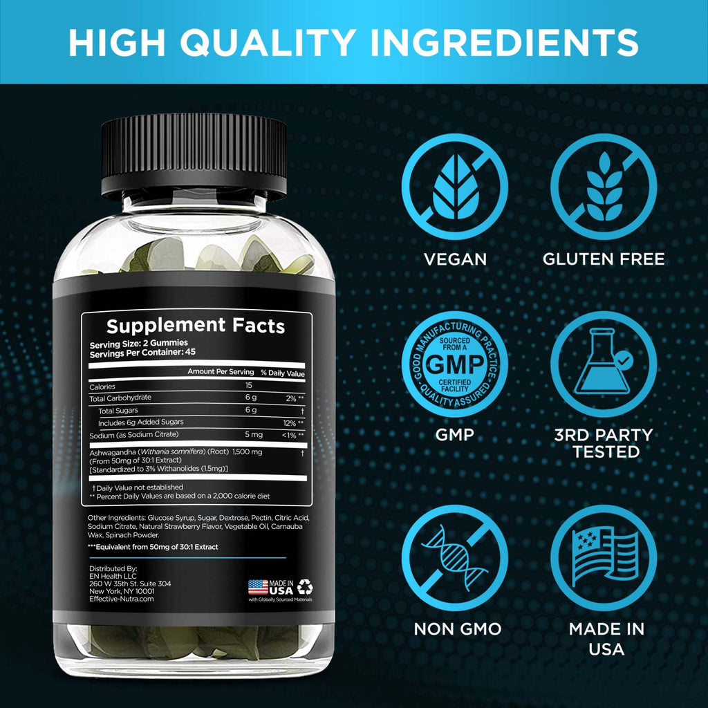 Effective Nutra Ashwagandha Gummies 1500mg – Extra Strength Stress & Sleep Support – 90-Day Supply, Just 2 Gummies Daily – Vegan, Non-GMO, Third-Party Tested – Made in USA (2-Pack)